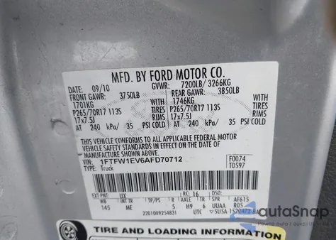 2010 Ford F-150 Xlt из США, поврежденный, VIN 1FTFW1EV6AFD70712